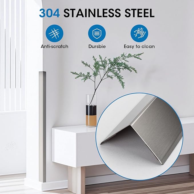 Stainless Steel Wall Corner Guards, 3 x 3 x 48 inches (10 Pcs Pack). Made of 304 Steel, These 90-Degree Angle Metal Corner Protectors are Designed for Wall Protection and Decoration