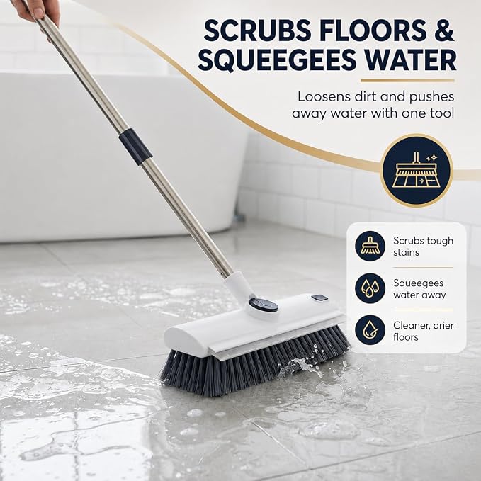 3-in-1 Floor Scrub Brush with Long Handle, Stiff Bristles & Squeegee | Stiff PP - Image 6