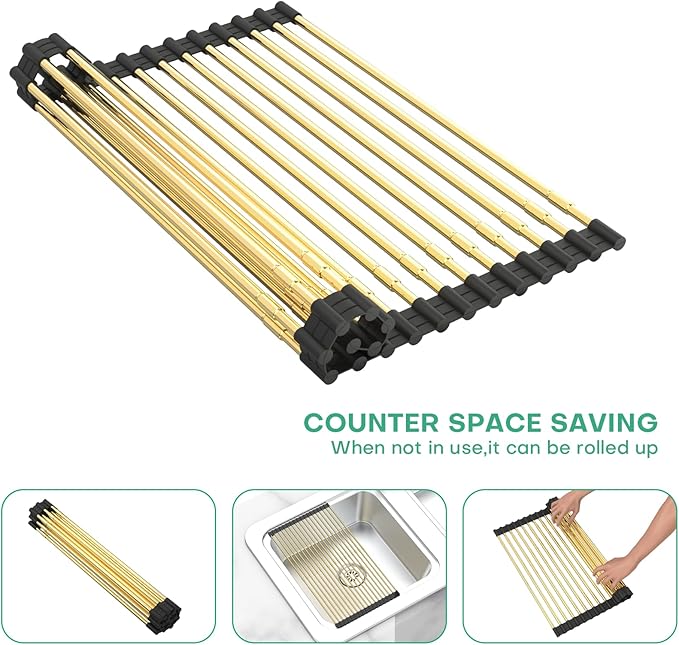 Large Telescopic Draining Rack, Gold Roll Up Heat-Resistant Dish Drainer for Stainless Steel Sinks, Non-Slip Silicone Rolling Dish Drainer Roll Rack 18 tube12.59-21.25x12.79''
