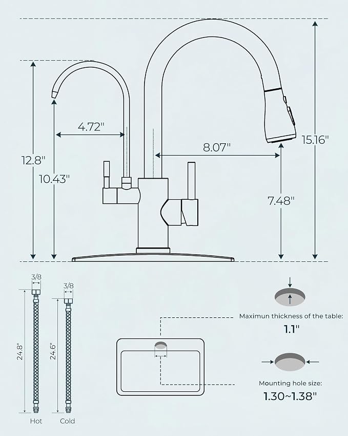 FORIOUS Kitchen Faucets with Purified Water, High Arc 2 Handle, 2-in-1 Pull - Image 5