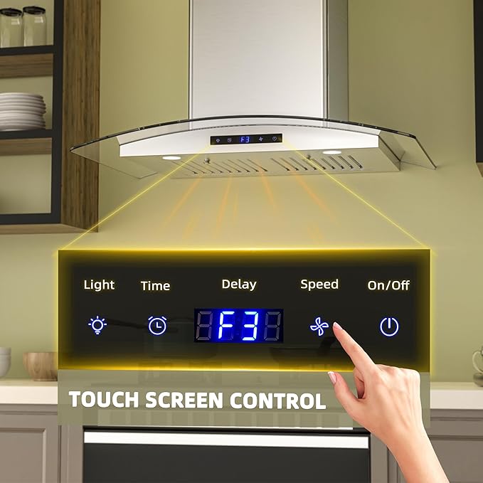 FIREGAS 30 inch Wall Mount Range Hood 600CFM with Ducted Exhaust Vent,3 Speed Fan,Soft Touch Controls,LED Lights,Permanent Filters in Stainless Steel,includes Charcoal Filter