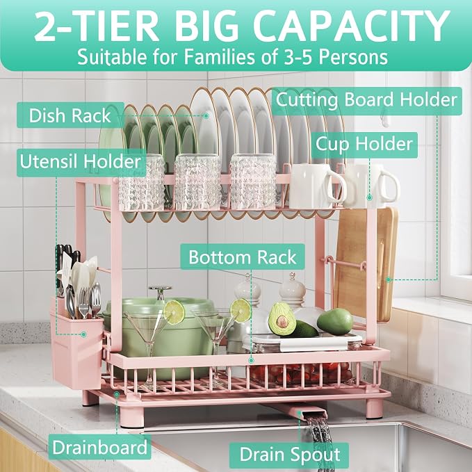 2-Tier Dish Drying Rack for Kitchen Counter, Space-Saving, Auto Drain Spout - Image 2