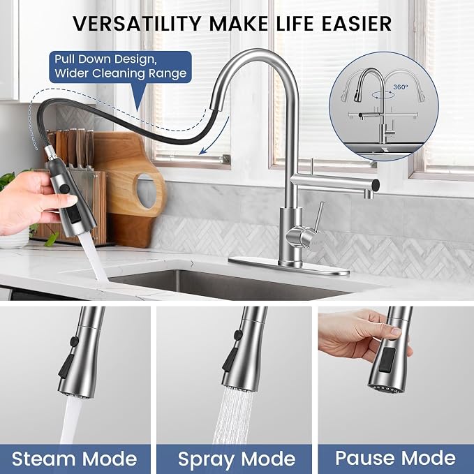FEELSO Filter Water Kitchen Faucets, Pull Down Sprayer, Brushed Nickel | - Image 4