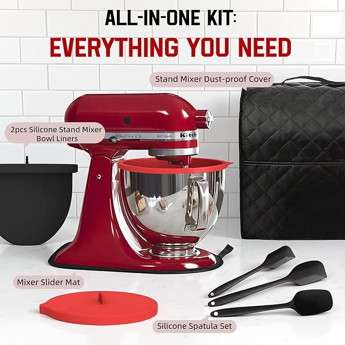 Silicone Bowl Liners for KitchenAid 5 Quart Tilt-Head Mixer,Set of 2 with Lids,Accessories include Mixer Slider Mat,Stand Mixer Dust-proof Cover,Silicone Spatula Set
