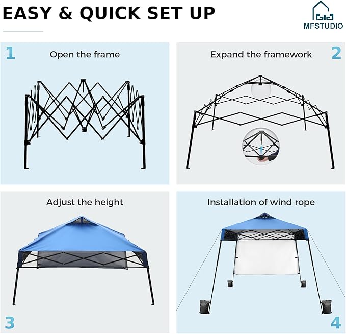 MFSTUDIO 8x8 Pop up Canopy Tent, Gazebo Shelter Sun Shade Canopies Patio Portable Popup Tents Easy Setup Waterproof with 6x6ft Top,1 Sidewall, for Beach,Parties,Picnics
