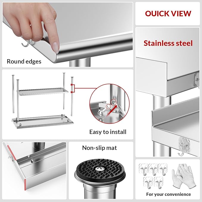 All-Stainless Steel Prep Table, 30 X 36 Inch, with Rounded-Edges and Adjustable Undershelf, Heavy-Duty Build for Outdoor Use,Restaurants,Hotels,Workshops,Kitchens,Gardens, and Garages