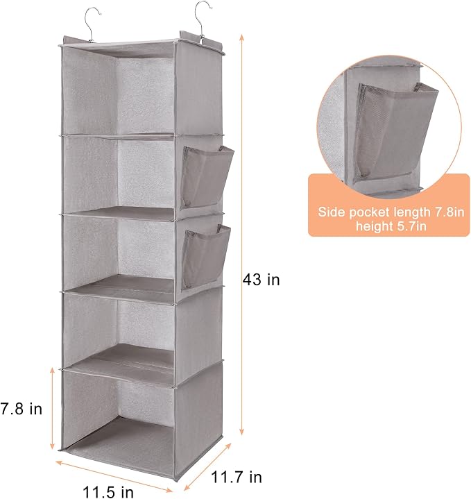 BOOMIBOO Hanging Closet Organize and Shelves, 5-Hanging Shelf（Light Grey） | - Image 3
