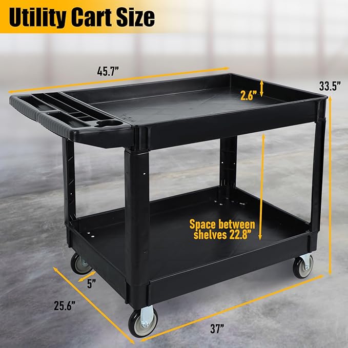 46 x 26-Inch Heavy Duty Utility Cart with Wheels, 1000 lbs Capacity Plastic Rolling Tool Carts W/Deep 2-Shelf, Mechanic Work Cart for Garage, Warehouse, Workshop, Black