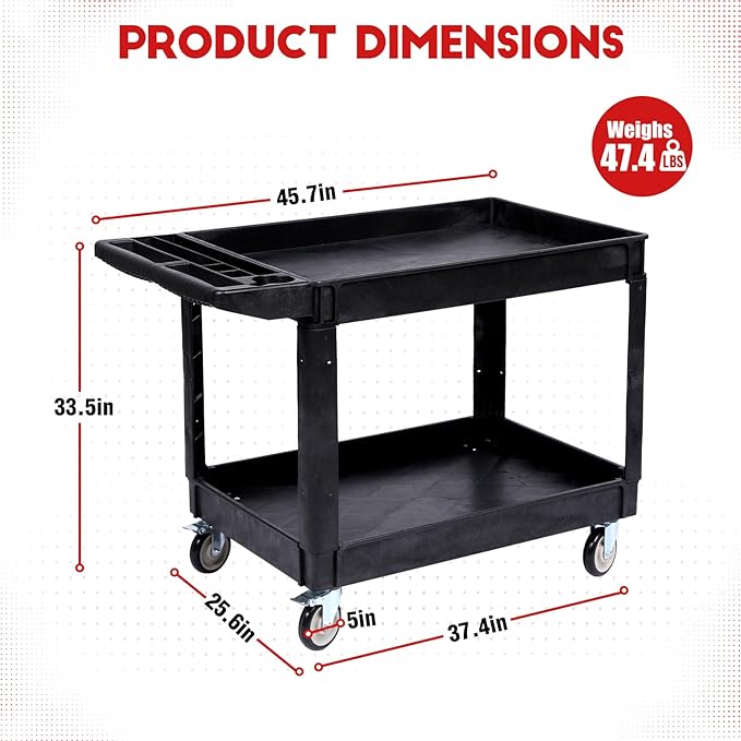 2-Shelf Large Heavy Duty PP Service Cart 45.7x25.6 Inch, Rolling Utility Cart with 360° Swivel Wheels, 550LBS, Oversize Shelf, Storage Handle, for Warehouse/Garage/Cleaning, Black