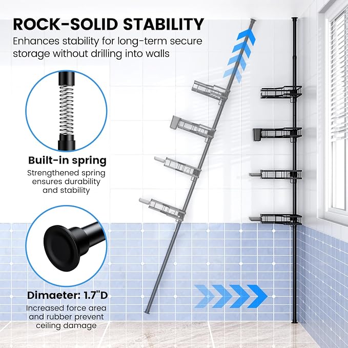 Adjustable Shower Caddy Tension Pole: Rustproof Corner Bathroom Shelves - Image 6
