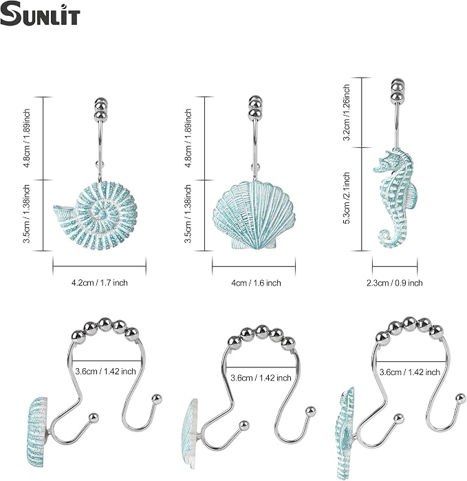 Sunlit Seashells Decorative Double Shower Curtain Hooks, Aqua Blue Ocean - Image 2