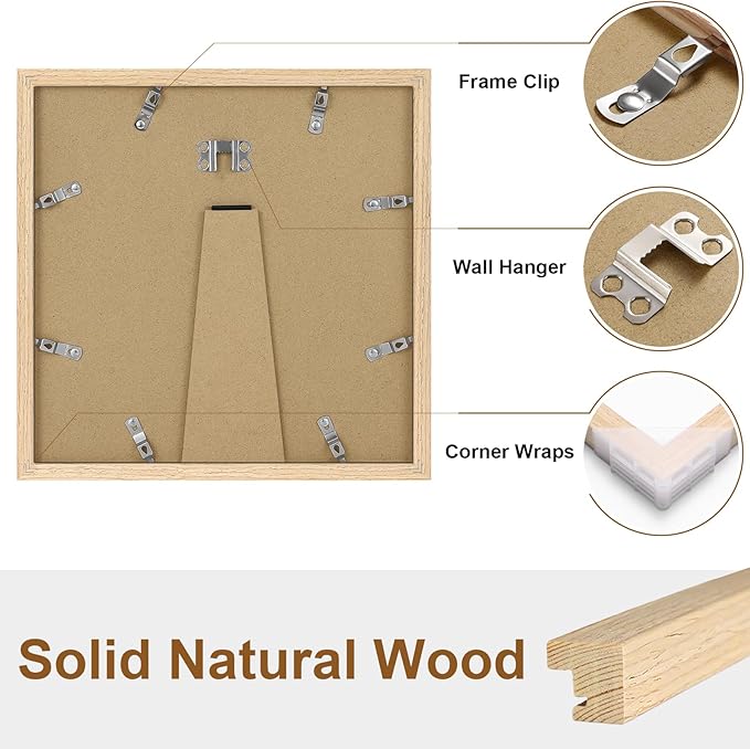 Vittanly 10x10 Picture Frame, Solid Wood Frame with Plexiglass, Includes 8x8 Mat, Wall Hanging or Tabletop for Photos, Home Decor, Natural, 1 Pack