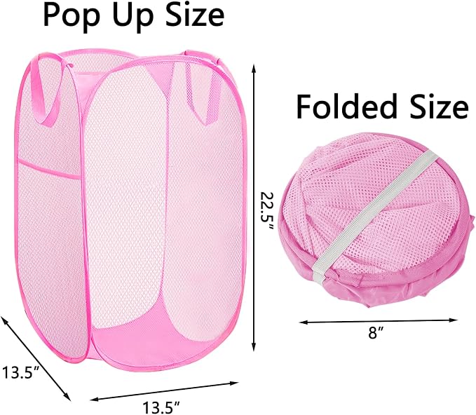 Portable Mesh Pop Up Laundry Hamper Reinforced Pink Vertical Collapsible - Image 2