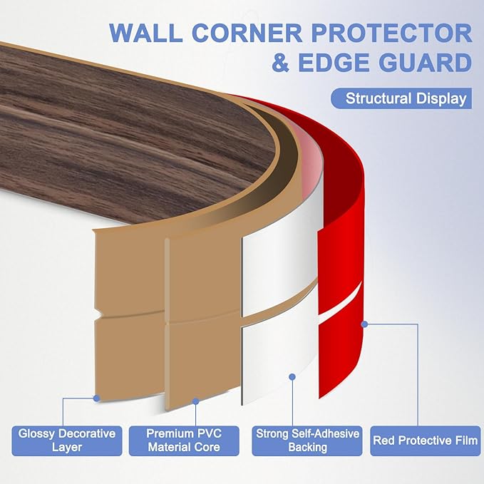 Wall Corner Protector Moulding Trim Peel and Stick Wall Corner Guards Trim Flexible Self Adhesive Edge Protector Moulding, 2.4 in x40 Ft, Smoked Brown Wood