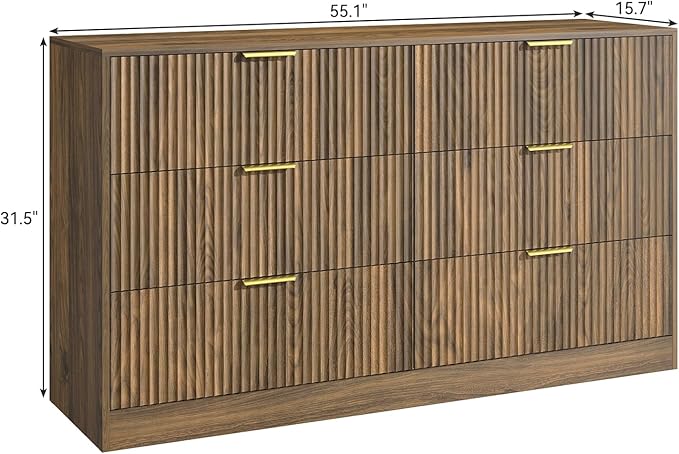 6 Drawers Fluted Dresser for Bedroom, 55" Wide Wooden Dresser with Deep Drawers, Large Floor Chest of Drawers, Modern Long TV Stand, Storage Cabinet Side Table, Walnut