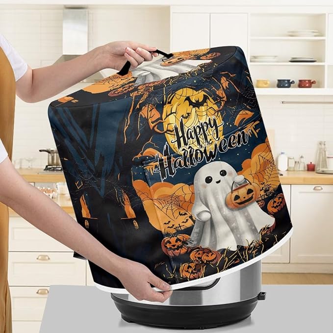 Dust Cover for Kitchen Appliance for 6 Quart Pressure Cooker Air Fryer Rice Cooker Dust Cover with Top Handle and Pocket Happy Halloween Ghost Print