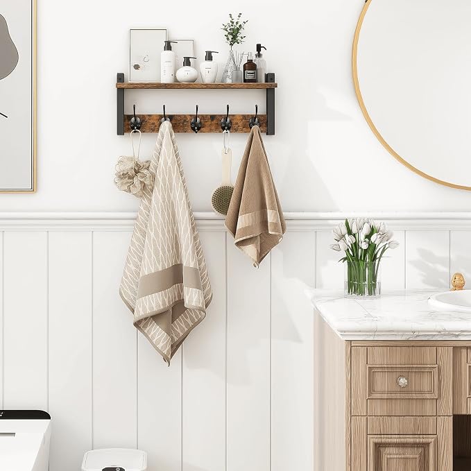 Wall Hooks with Shelf, Wood Coat Rack with Shelf Wall-Mounted, Entryway Hanging - Image 3