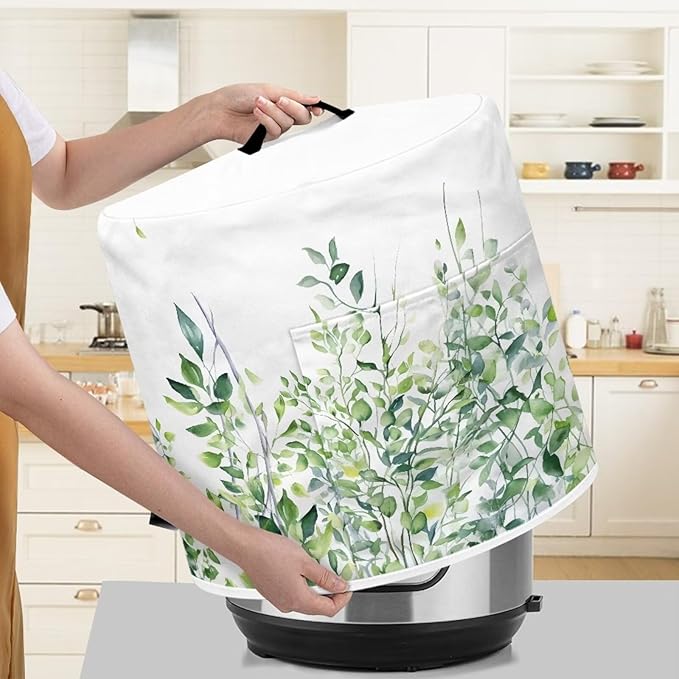 Insulated Pressure Cooker Appliance Cover for Rice Cooker, Air Fryer and Crock Pot, 3 Quart Dust Cover with Pocket for Spoon/Cooking Utensils/Recipes, Indoor Decor, Green Leaf White