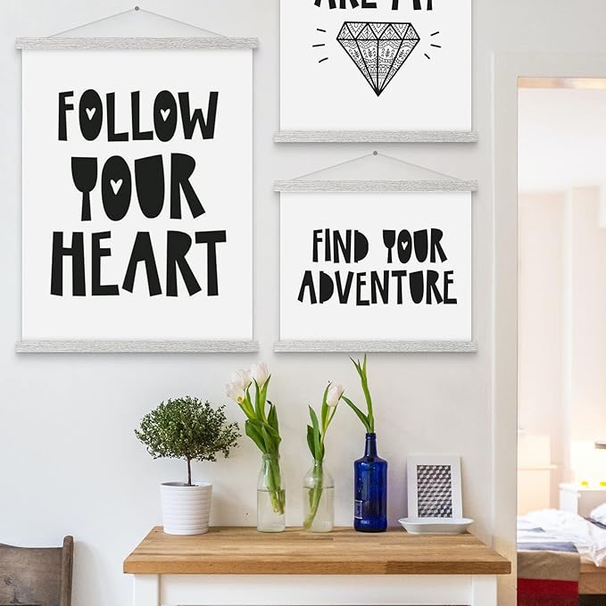 Magnetic Poster Hanger, 12x18 12x16 12x24 Poster Frame Wood Wooden Magnet Print Posters Dowel Scroll Hanger Hangers Hanging Kit for Walls Map Canvas Artwork (Grey, 12")