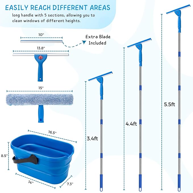 Window Squeegee Kit with 3 Gallon Collapsible Bucket, 5.5 Ft Long Handle - Image 5