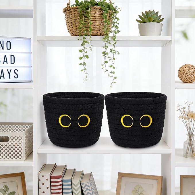 2 Pack Black Cat Makeup Brush Holder-Cute Cat Oval Mini Woven Basket - Image 6