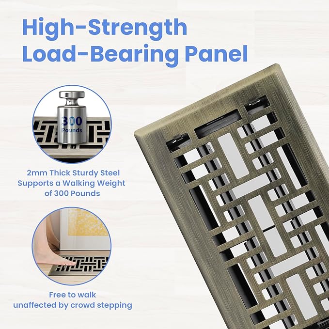 4x8 Inches Heavy Duty Walkable Floor Register Easy Adjust Air Supply Lever Floor Vents - Seattle Design - Vent Cover for Home Floor - Antique Brass