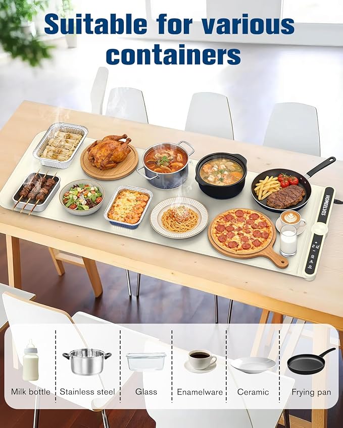 Warming Mat for Food Extra Large 39.4”X15”, 8S Rapid Heating Electric Warming Tray with 9 Temp Setting and 6H Timer, Food Warming Pad, Portable Food Warmers for Parties Buffet, Beige