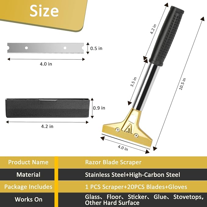Razor Blade Scraper with 20 PCS Extra Blades and Gloves. | 4"Heavy-Duty Floor - Image 3