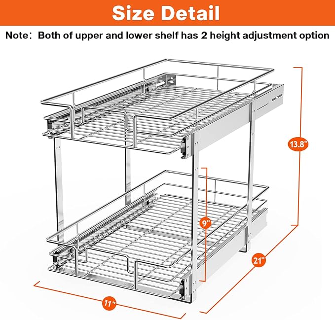 ROOMTEC Individual Pull Out Cabinet Organizer (11" W x 21" D), 2 Tier Spice Rack Organizer for Cabinet, Slide Out Drawer Pantry Shelf Organization and Storage for Kitchen Bathroom