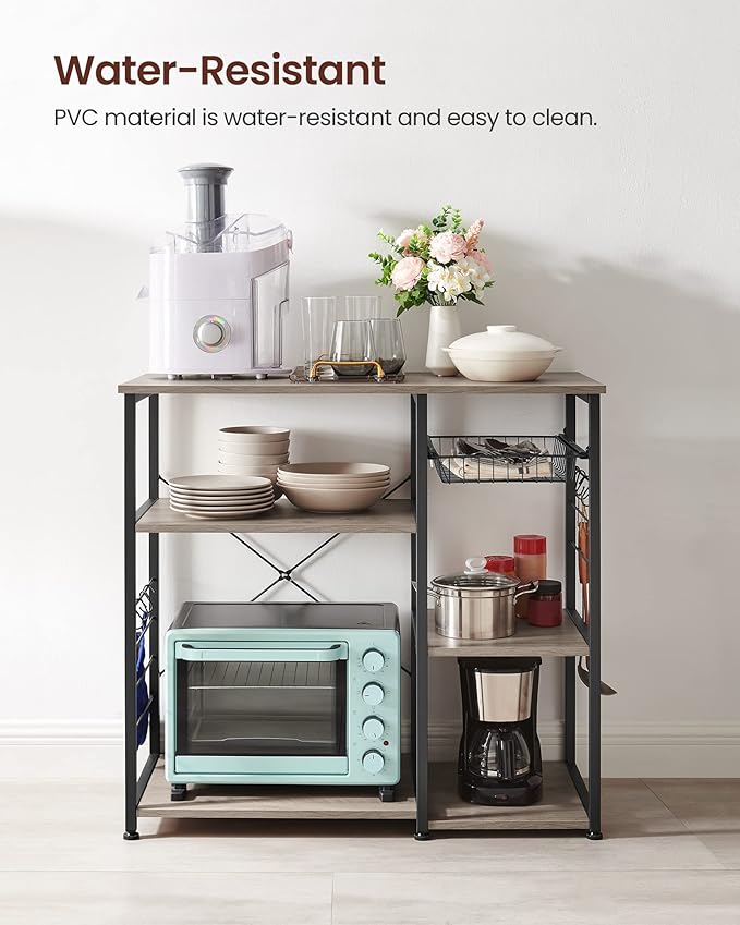 VASAGLE ALINRU Kitchen Baker’s Rack, Coffee Bar, Microwave Oven Stand, with Steel Frame, Wire Basket, 6 Hooks, for Mini Oven, Spices Utensils, Industrial, Heather Greige and Ink Black UKKS090B02