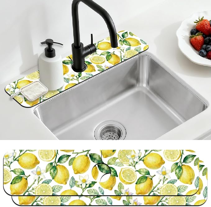 2 Pcs Kitchen Sink Splash Guard Faucet Mat Lemon Pattern Faucet Mat by CONCHLERY%E6%97%97%E8%88%B0%E5%BA%97