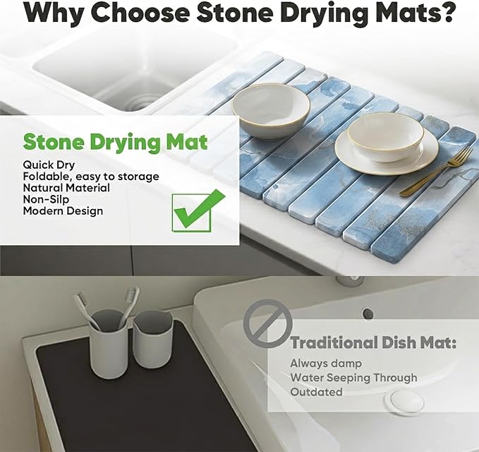 Stone Drying Mat for Kitchen Counter, Quick Diatomaceous Earth Mats for Dishes - Image 3
