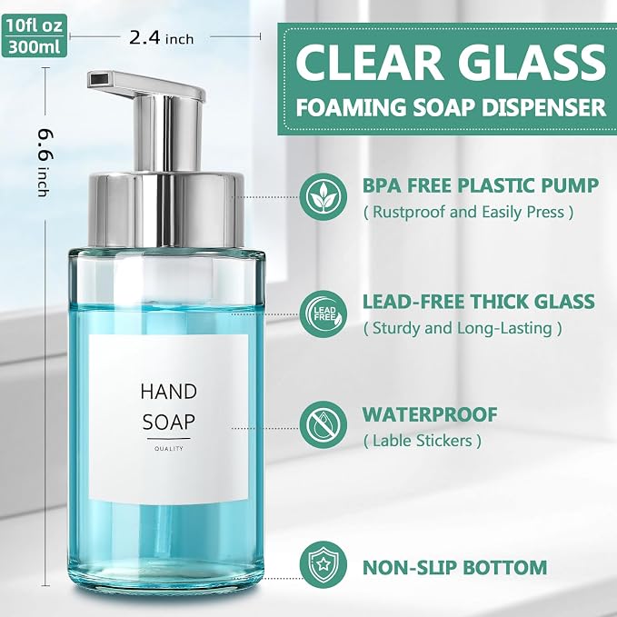 RYTOXILO Glass Soap Dispenser, 10 oz/300ml Foaming Soap Dispenser, 2 Pack - Image 3