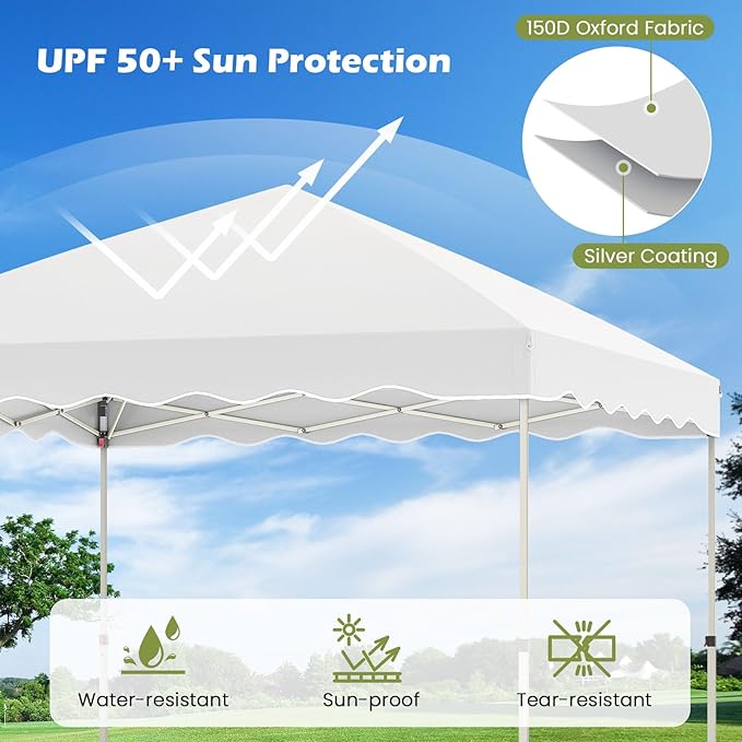 Tangkula 10x10 FT Pop Up Canopy, UPF50+ Easy Set up Instant Tent with Wheeled Bag, 8 Stakes, 4 Anchors, 4 Wind Ropes, 4 Sandbags, Heavy Duty Outdoor Canopy Tent 10x10 for Patio Party Backyard (White)