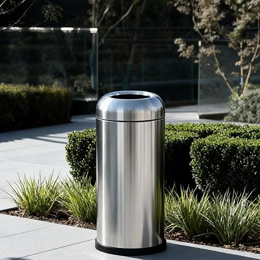 WICHEMI 16 Gallon Commercial Large Trash Can, Bullet Outdoor Trash Bin with Open Top Lid, Brushed Stainless Steel Garbage Can, Bright Silver