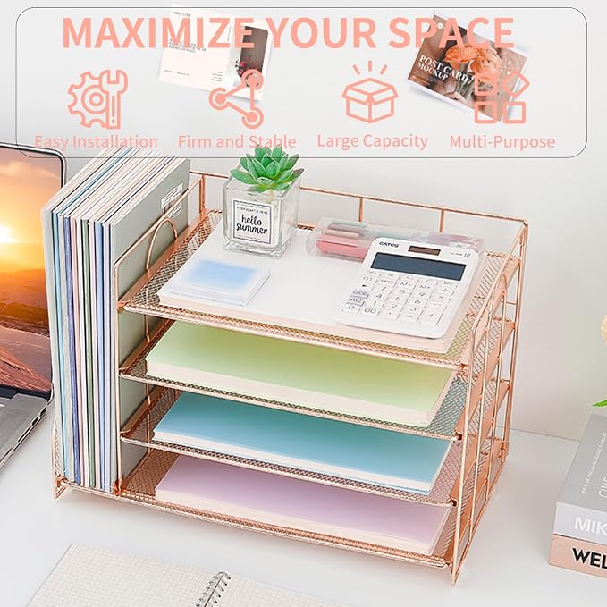 OPNICE Desk Organizer, 4-Tier Paper Organizer Letter Tray, Rose Gold | Desk - Image 6