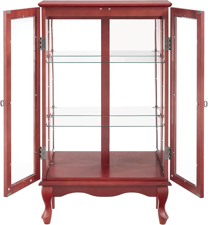 43" H Lighted Curio Cabinet Display Case with Light Bulb, Glass Curio Cabinet with Adjustable Shelves & Tempered Glass Door, Wooden Cabinets w/Mirrored Back Pane for Living Room(Cherry)
