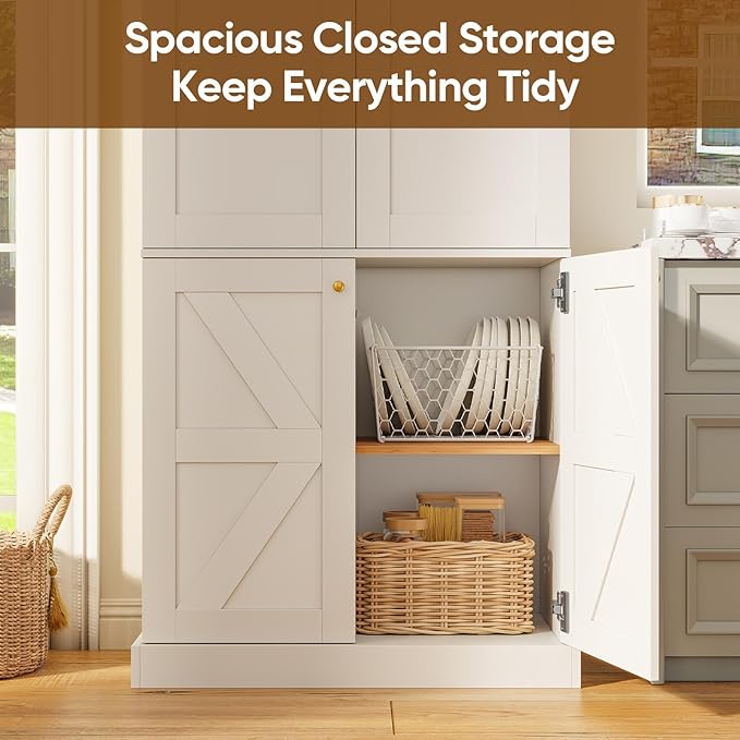 70.8" Tall Farmhouse Kitchen Pantry Cabinet with Doors, Modular Wooden Storage Hutch with 4-Tier Adjustable Shelves, White Buffet Cabinet for Kitchen and Living Room, Set of 3