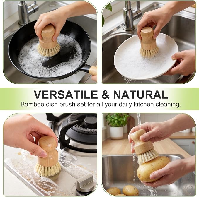 Bamboo Dish Brush, Natural Scrub Brush, 4 Pack Set | Wooden Dish Scrubber | - Image 7