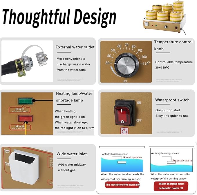 4000W 6-Hole Commercial Electric Food Steamer, Independent Water Supply & Dry Burn Alarm, 30-110°C Adjustable Temp for Dim Sum, Kitchen & Restaurant Cooking(No Steamer Included)
