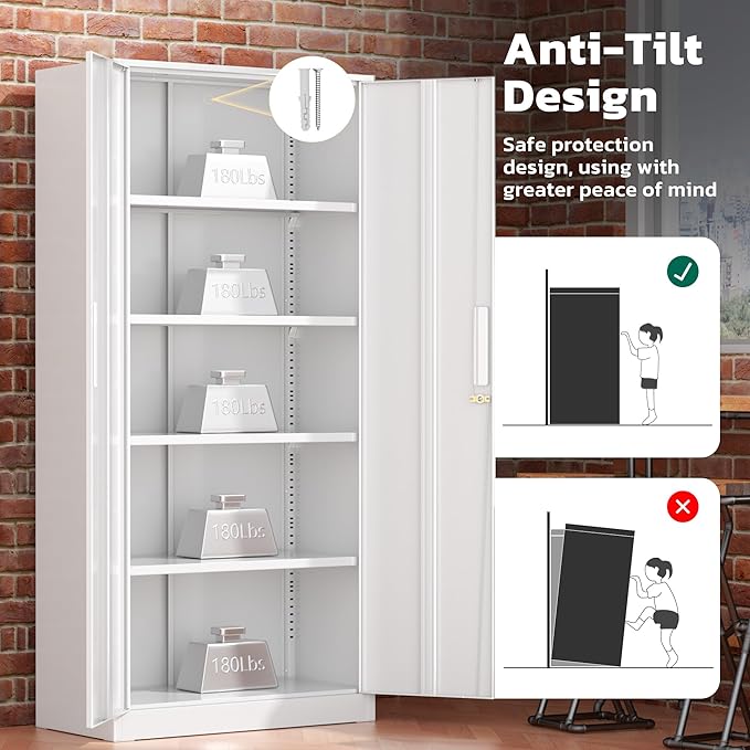 Greenvelly Metal Garage Storage Cabinet, White Steel Lockable Cabinet with 2 Doors and 4 Adjustable Shelves,Utility Metal Filing Cabinet with Lock for Home Office, Garage, Pantry, Kitchen