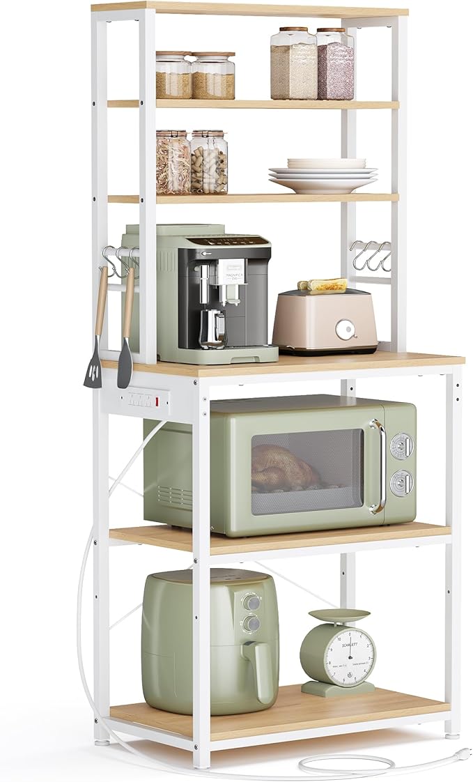 VASAGLE Bakers Rack with Power Outlet, 23.6 Inches Coffee Bar for Kitchen with Storage, 6-Tier Kitchen Shelves with 6 Hooks, Microwave Stand, Industrial, Golden Oak and Cloud White UKKS124Y03