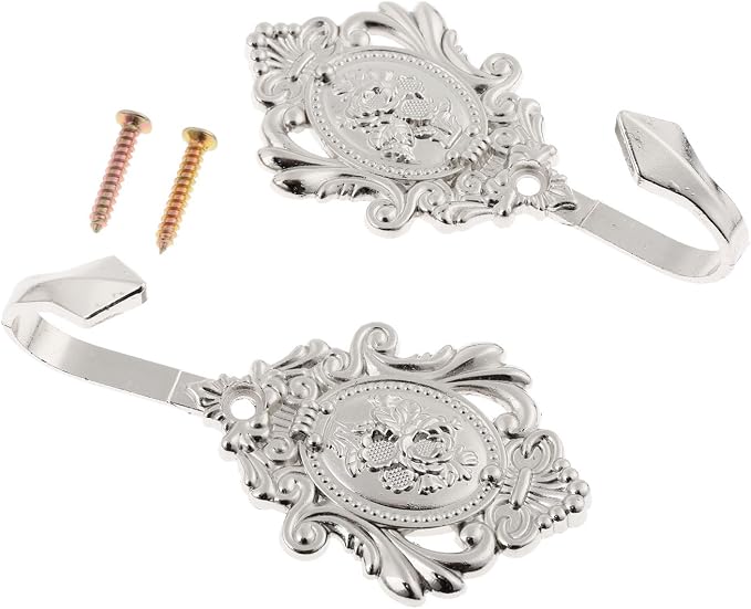 Curtain Tiebacks Small Lightweight Hooks, Vintage Silver Rose Pattern, Includes - Image 2