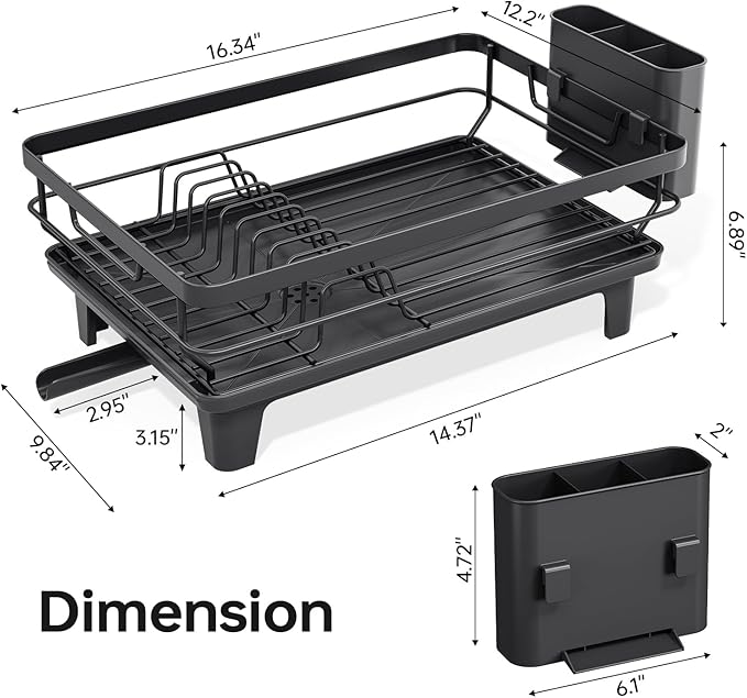 TOOLF Space-Saving Dish Drying Rack, Multifunctional Dish Rack for Kitchen Counter,Sink Dish Drainer Rack, Dishes Strainer with Drain Board & Cutlery Holder, Compact Dryer Rack,Black