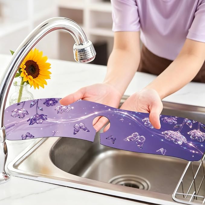 2 Pcs Kitchen Sink Splash Guard Faucet Mat Purple Dream Butterfly Pattern - Image 6