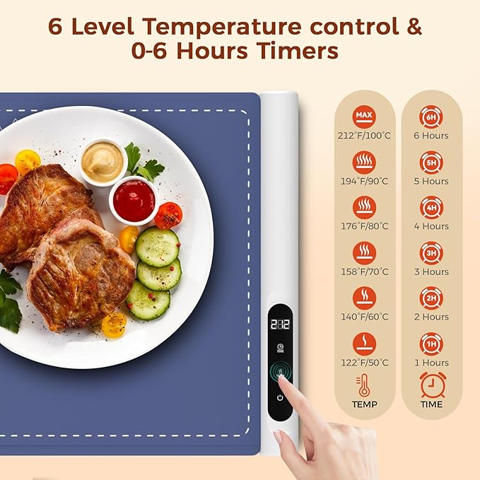 Graphene Warming Mat for Food - Fast Full Surface Heating Electric Warming Tray, Portable Food Warmer for Parties Buffet with 6 Temperature and Timer Settings, Blue