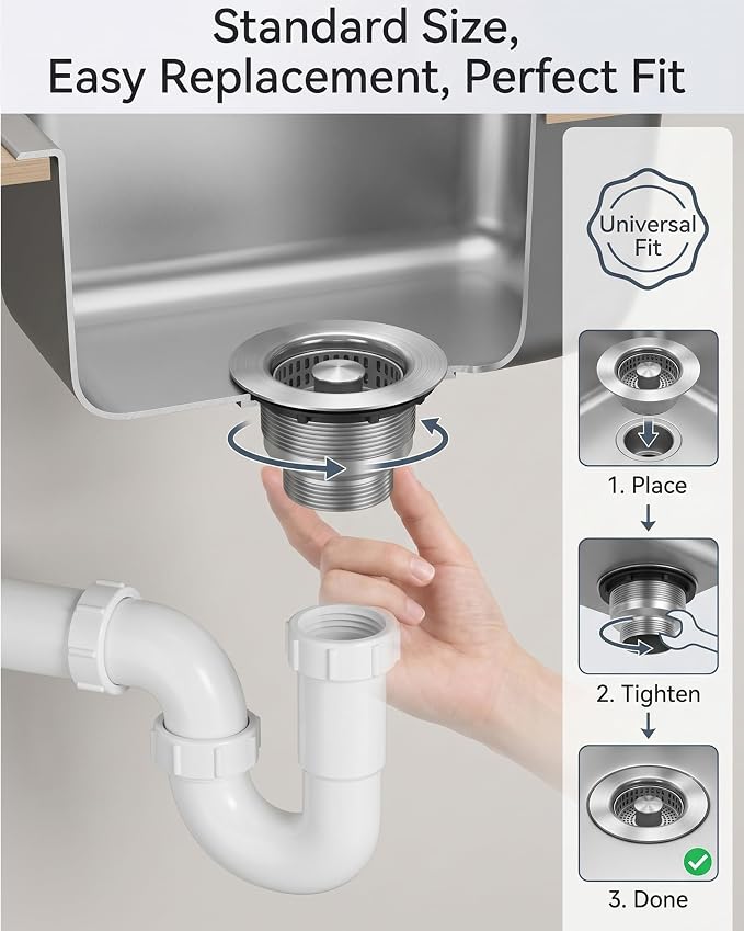 304 Stainless Steel Kitchen Sink Drain Strainer, 3-1/2" Fit - Image 6