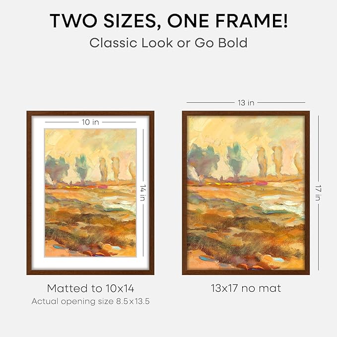 Homeforia 13x17 Picture Frame Brown, High End Dark Oak 13x17 Poster Wood Frame with Mat 10x14 for Photo, 13 x 17 Wooden Walnut Frame Matted to 10 x 14, 17x13 Frames, Tempered Glass, Wall Kit, Set of 2