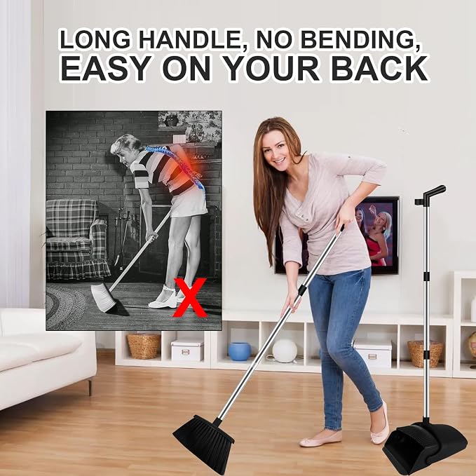 Black Broom and Dustpan Combo Set, Built-in Comb Dustpan, Space-Saving Storage - Image 3