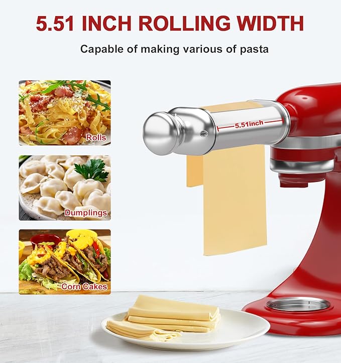 Pasta Roller for Kitchenaid Stand Mixer, Stainless Steel pasta roller attachment with 8 Adjustable Thickness Knob, Dough Pasta Roller pasta roller attachment for Raviolis Pasta